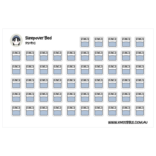 The image is a grid of small blue squares, each containing a white bed with a cartoon face. The text above the image reads "Sleepover Bed PS1914C".
