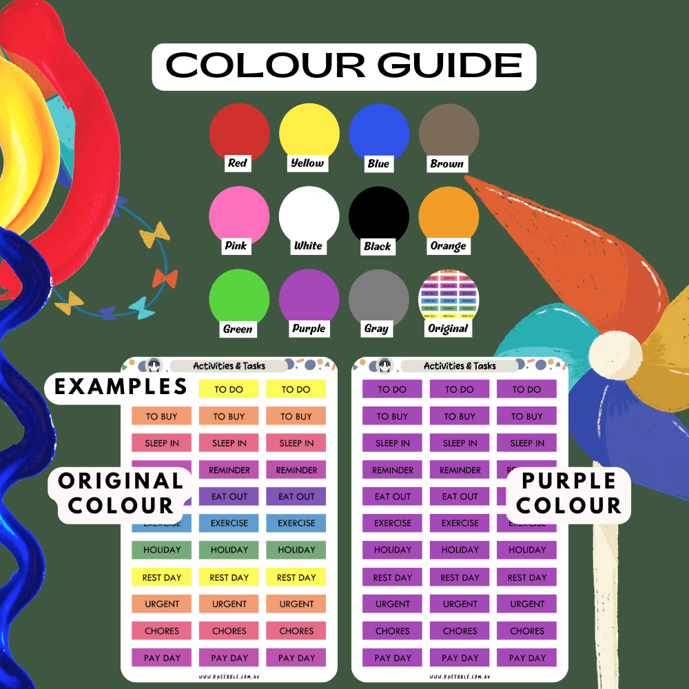 Activity tasks sticker sheet colour guide reference, choose from many colours such as red and purple.