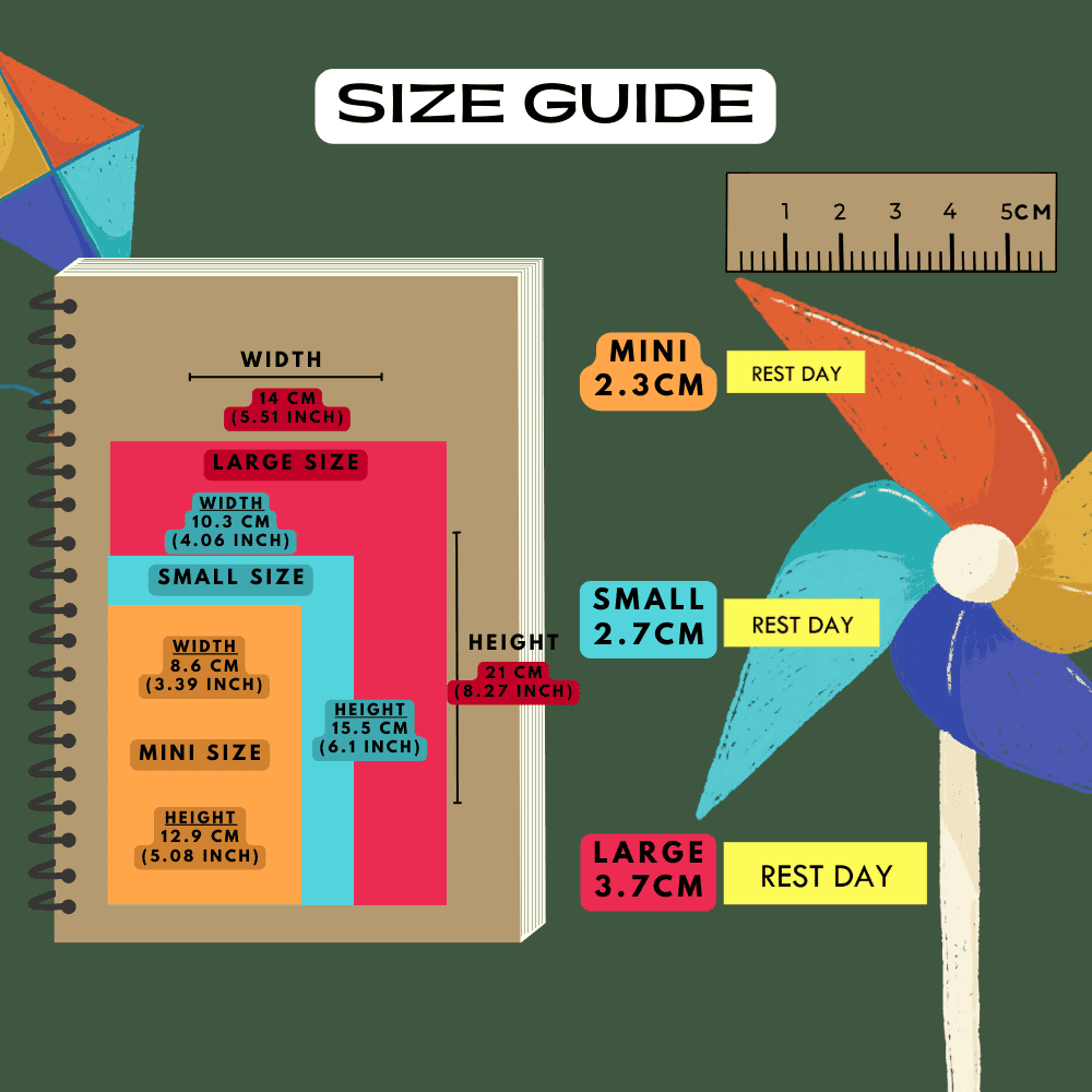 Activity header label stickers size guide comparison reference, choose from mini, small and large sizes.