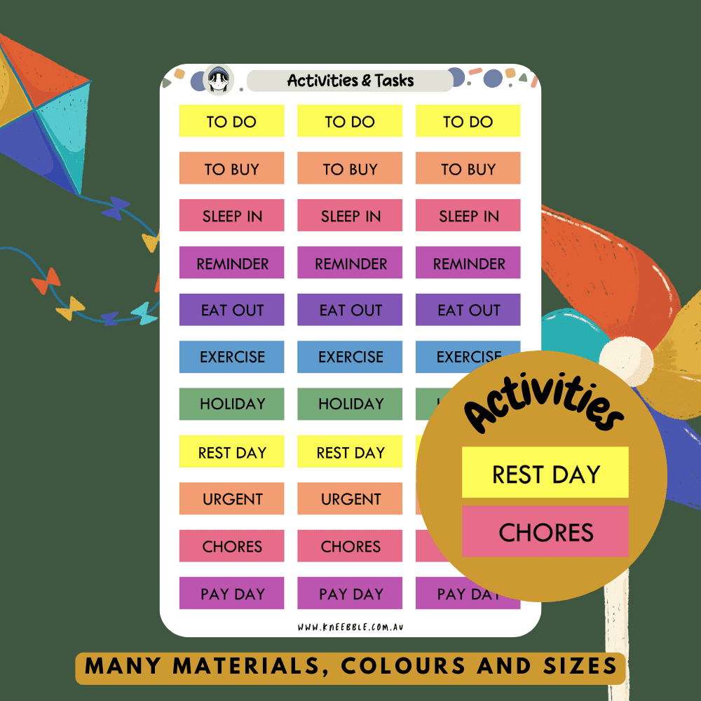 Stickers featuring headers for activity tasks, ideal for organizing and highlighting to-do lists, schedules, and task management in planners or journals. Tasks include things such as to do, to buy, sleep in, reminder, eat out, exercise, holiday, rest day, urgent, chores and pay day stickers.