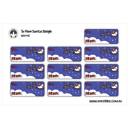 a collection of nine identical labels, each featuring a Santa sleigh and reindeer illustration. The labels are intended for use as Christmas or holiday-themed gift tags.