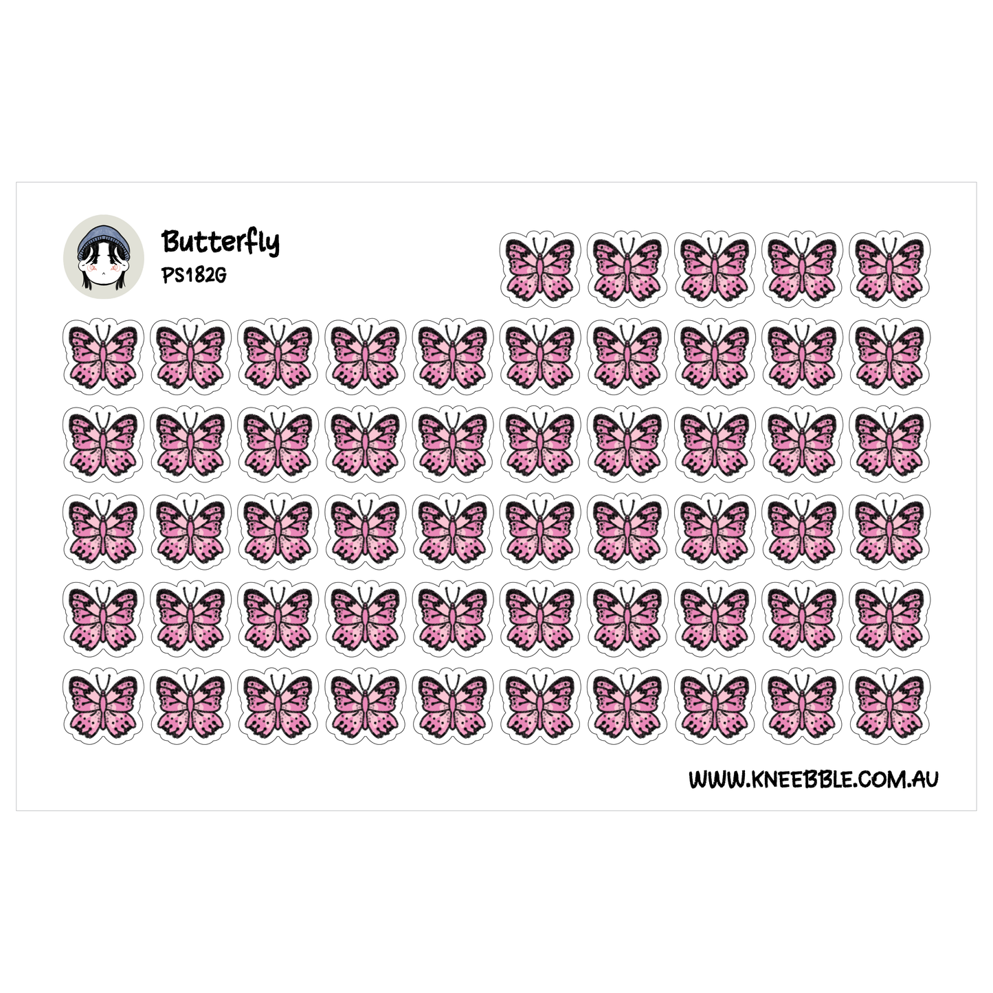 a grid of pink and black butterfly stickers arranged in rows and columns.