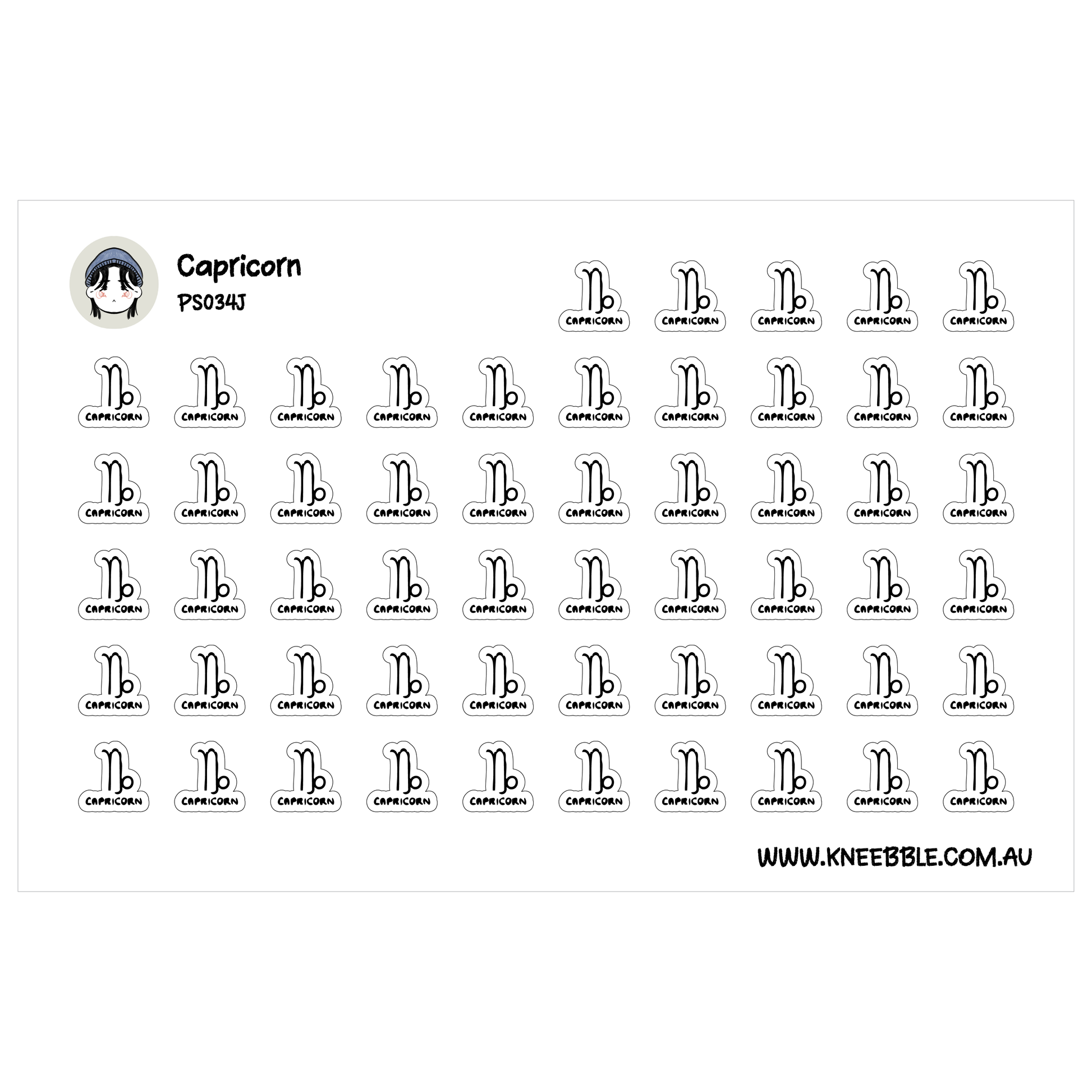 a grid of black and white stickers, each featuring a capricorn symbol. The stickers are arranged in rows and columns, creating a visually organized and repetitive pattern.