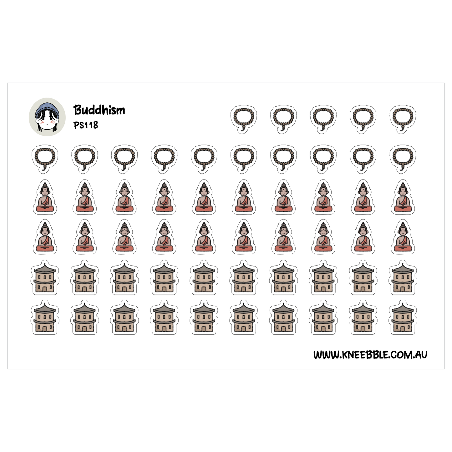 a collection of stickers depicting various Buddhist symbols and objects, including Buddha statues, pagodas, and other religious imagery.