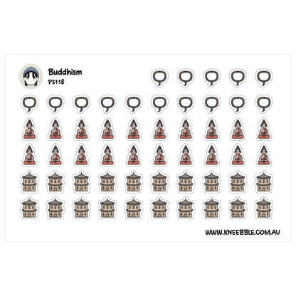 a collection of stickers depicting various Buddhist symbols and objects, including Buddha statues, pagodas, and other religious imagery.