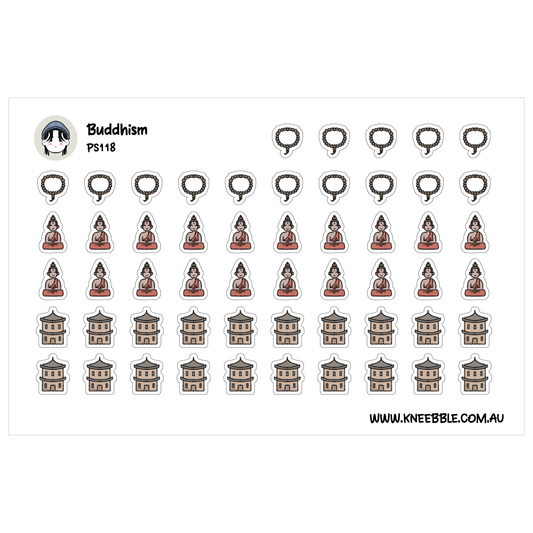a collection of stickers depicting various Buddhist symbols and objects, including Buddha statues, pagodas, and other religious imagery.
