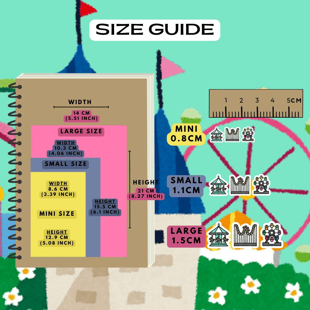 Amusement park ride icons size guide comparison reference.