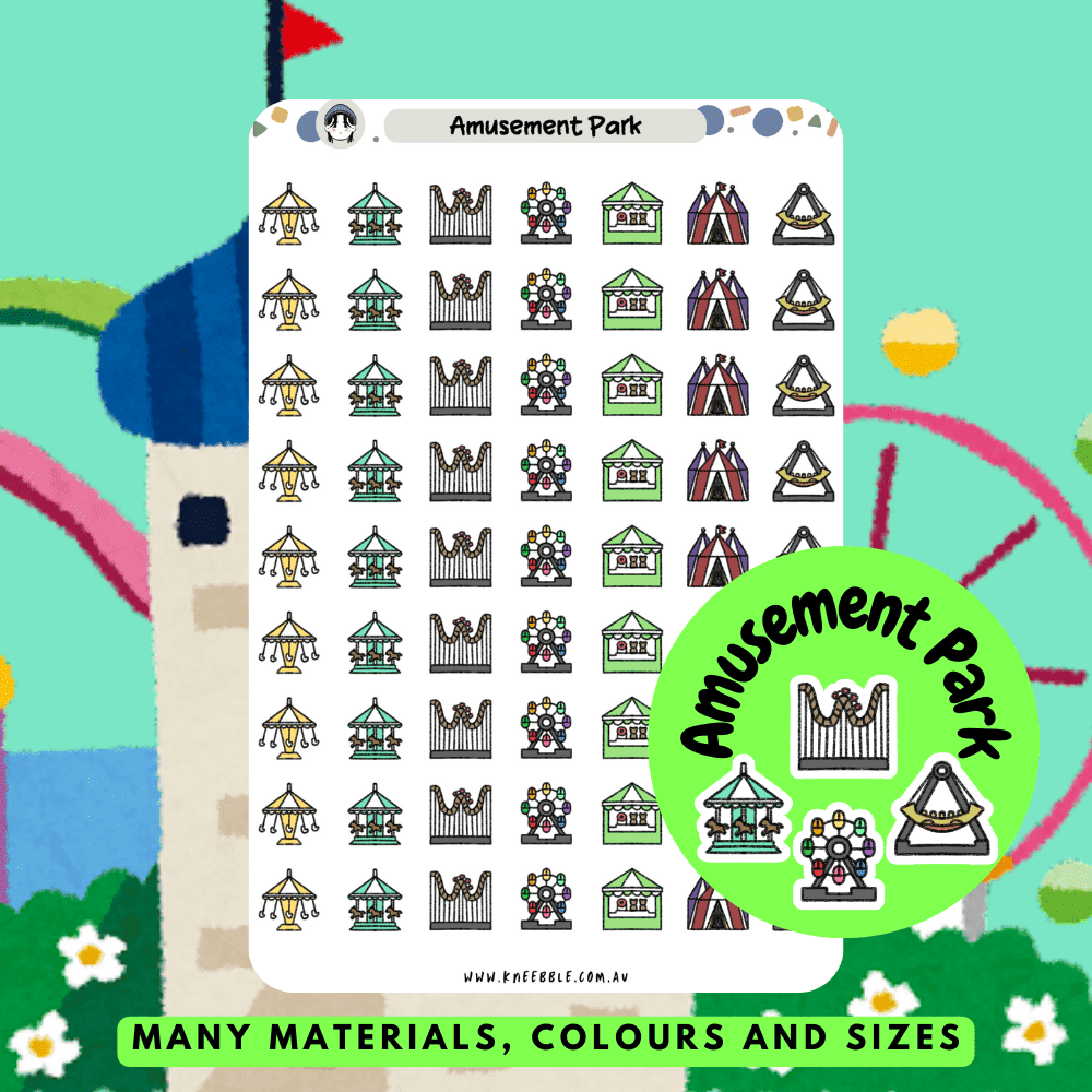 Amusement park planner stickers for fun rides and attractions with family and friends, great to schedule activity days and game reminders.