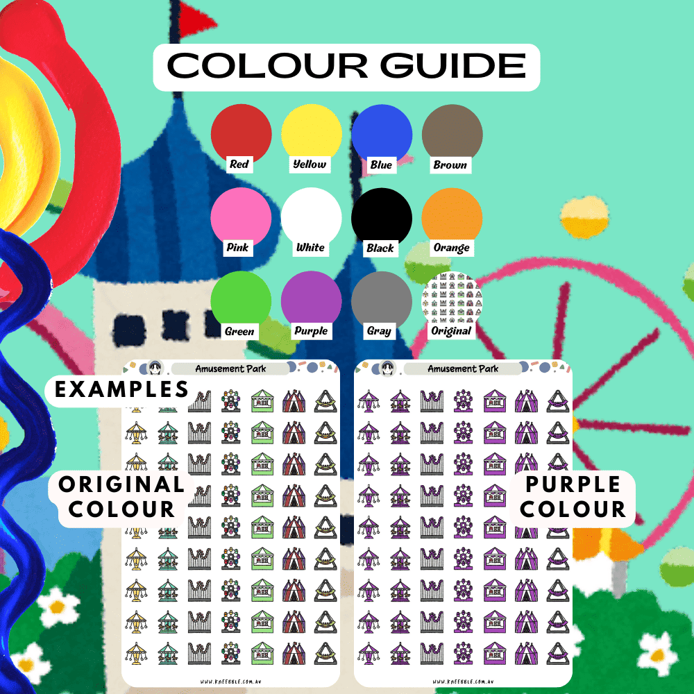 Amusement park theme game sticker sheet colour guide offering colours like red and purple.