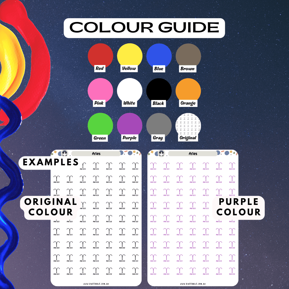 Aries colour guide sticker reference, choose from many colours like purple and red.