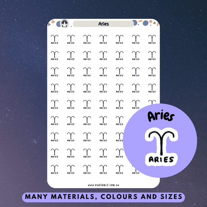 Aries-themed planner stickers featuring fiery designs and bold constellation patterns.