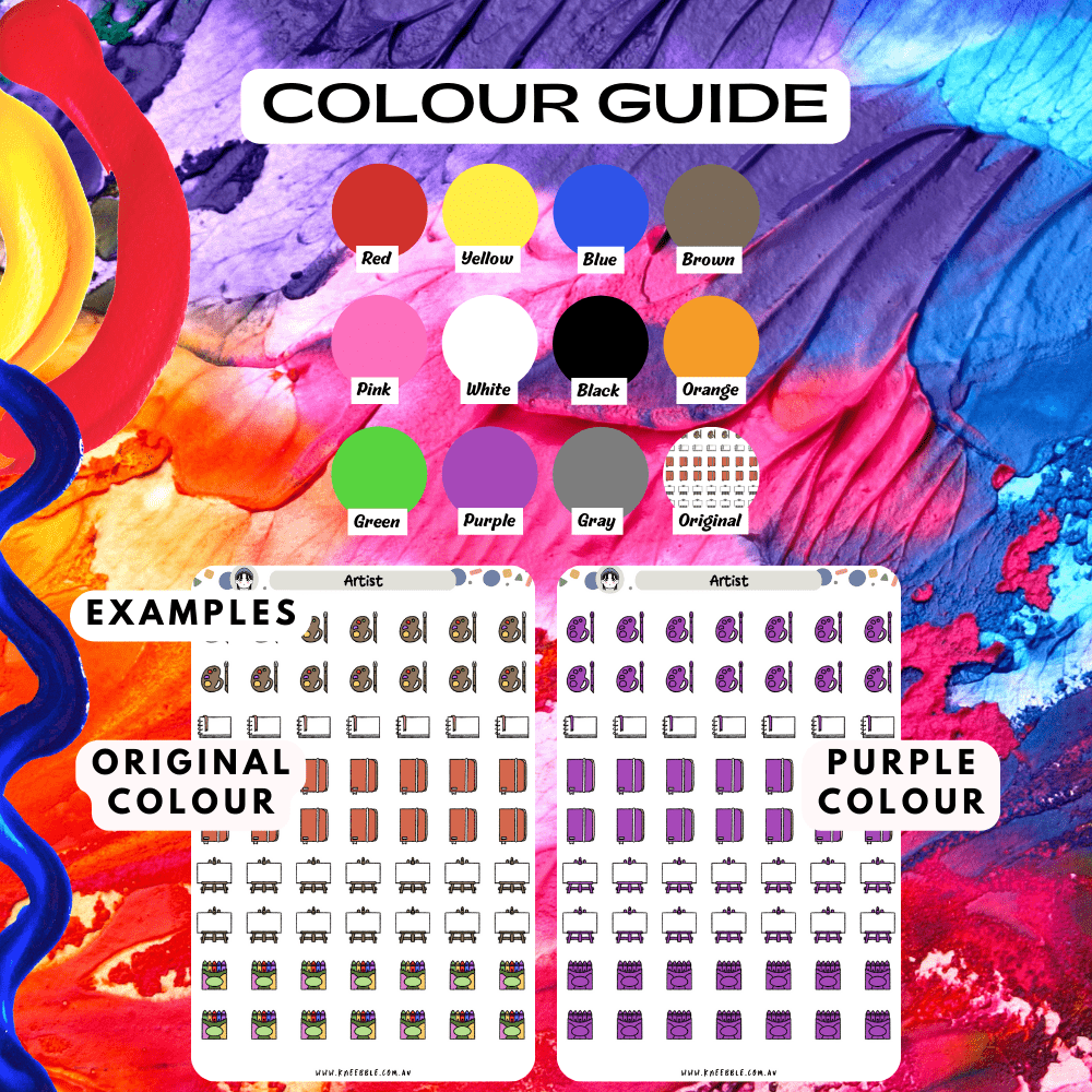 Art supplies sticker sheet colour guide reference, choose from many colours such as purple and red.