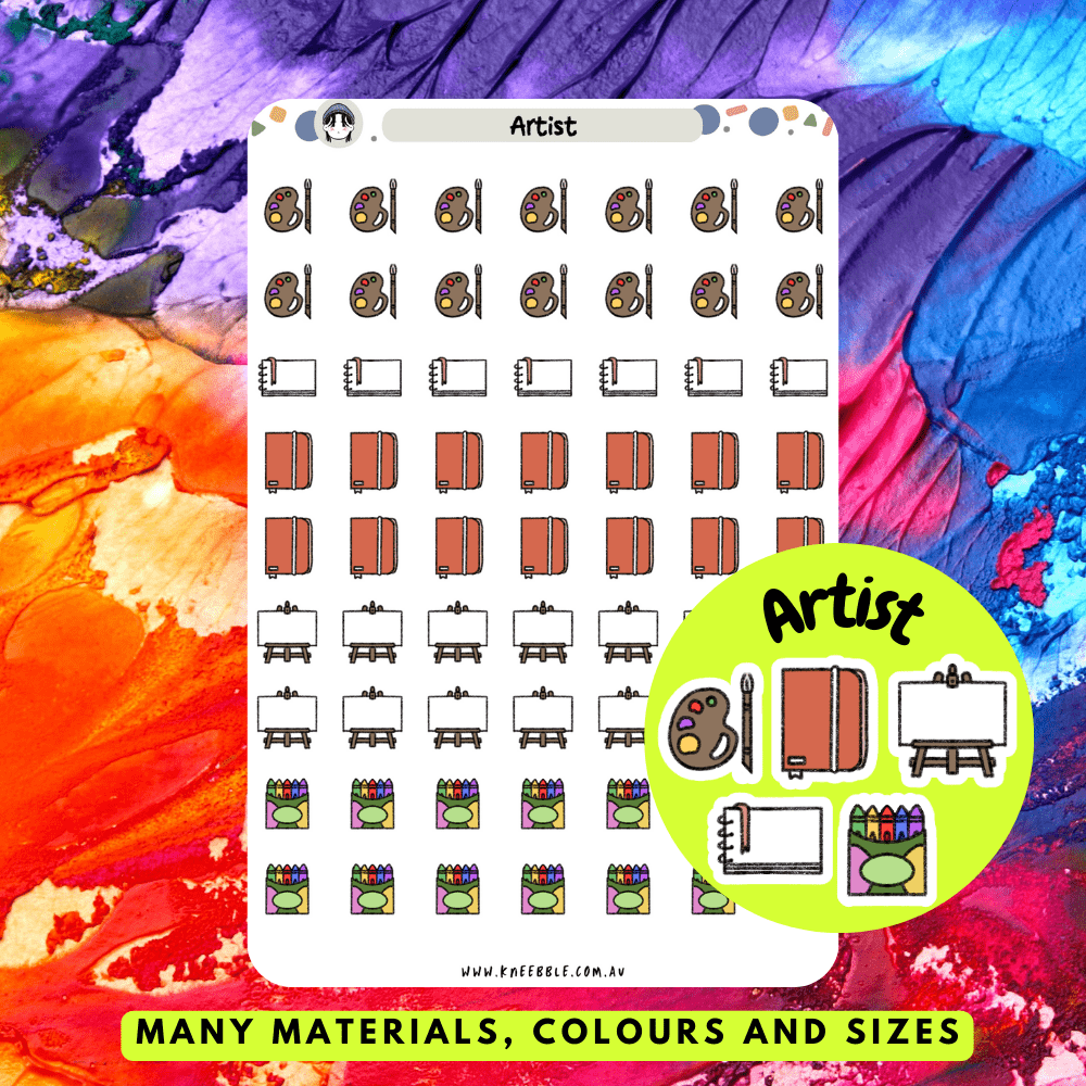 Stickers designed for artists and creatives, featuring art supplies like paintbrushes, palettes, and easels, perfect for adding a touch of creativity and inspiration to planners, journals, or sketchbooks.