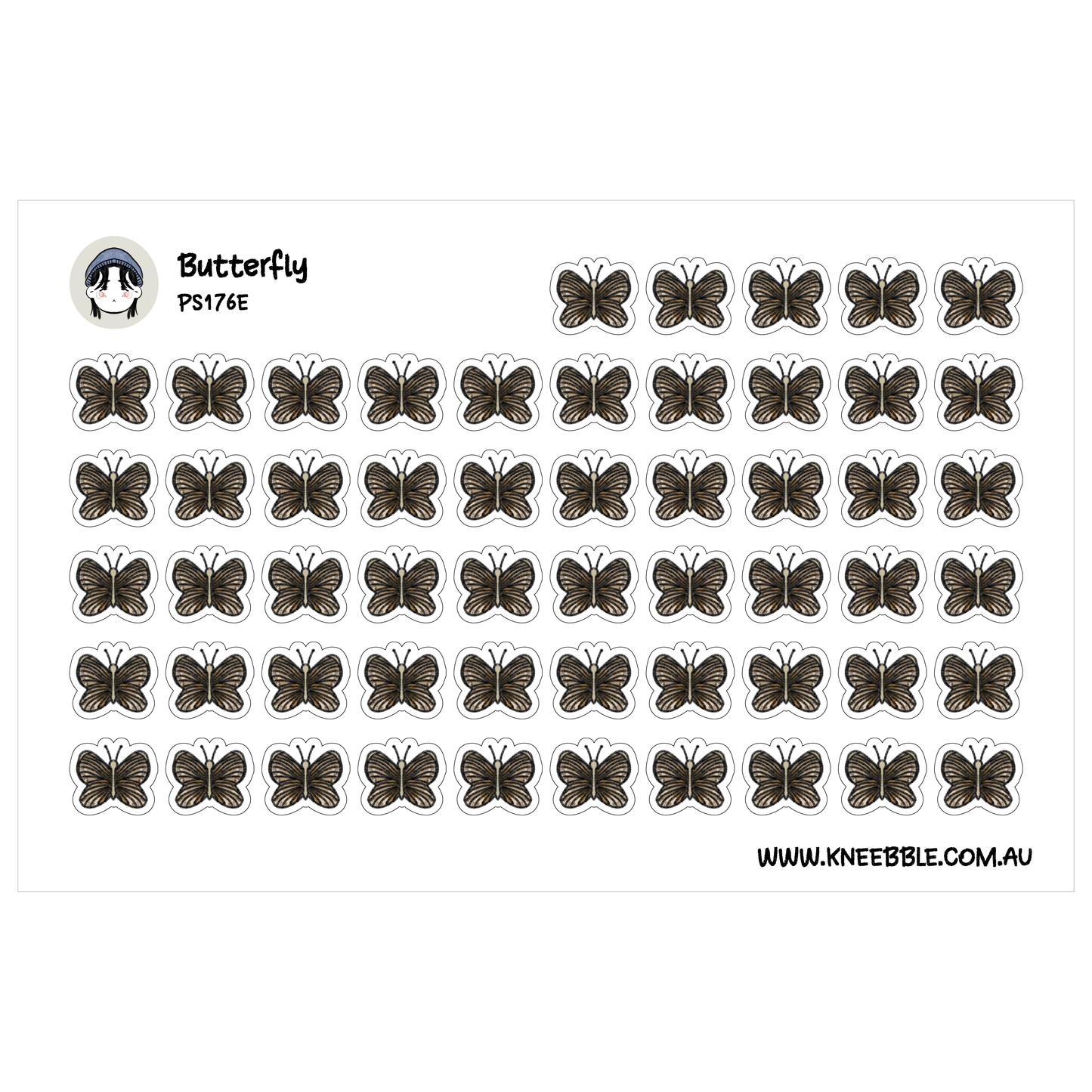 a grid of black and white stickers, each featuring a stylized butterfly design. The stickers are arranged in rows and columns, creating a visually appealing pattern. The image does not contain any text, and the stickers are not described in detail.