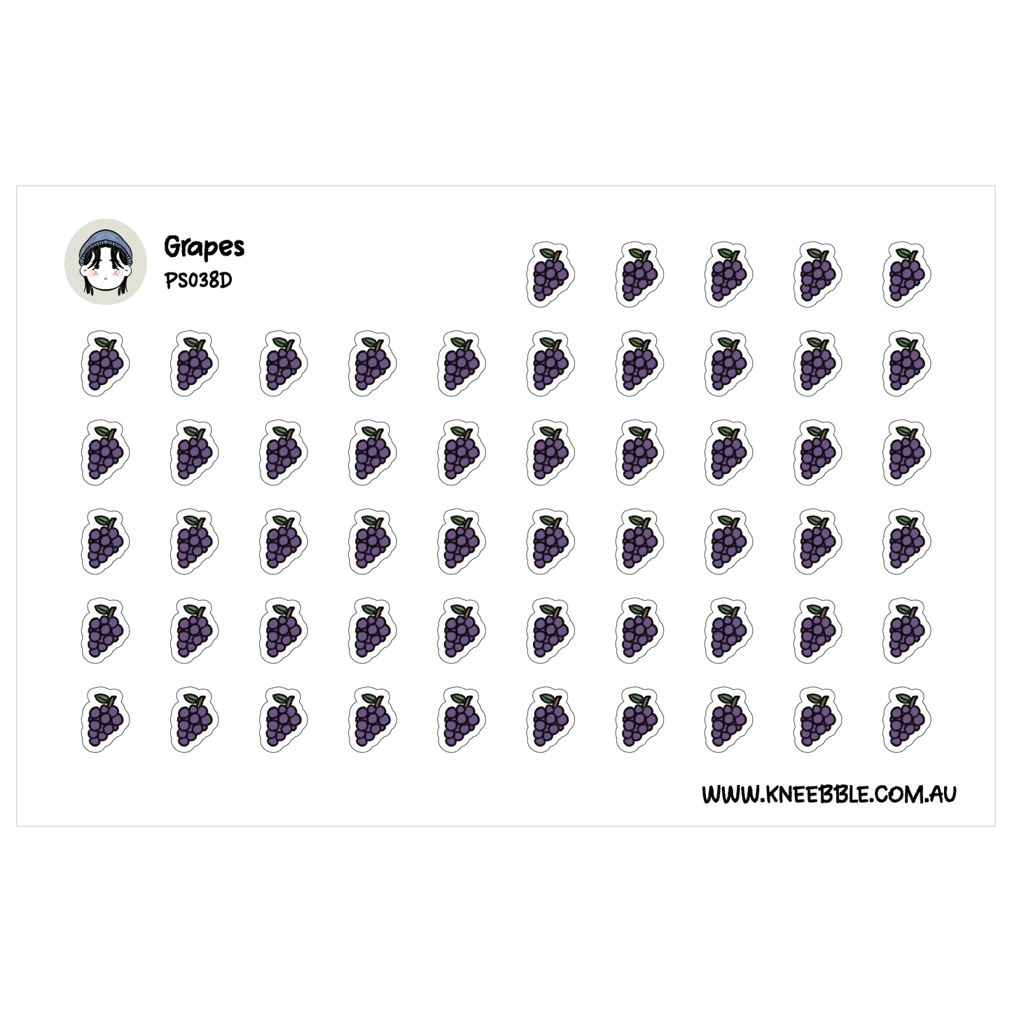 a grid of small purple grapes with a small cartoon face above them.