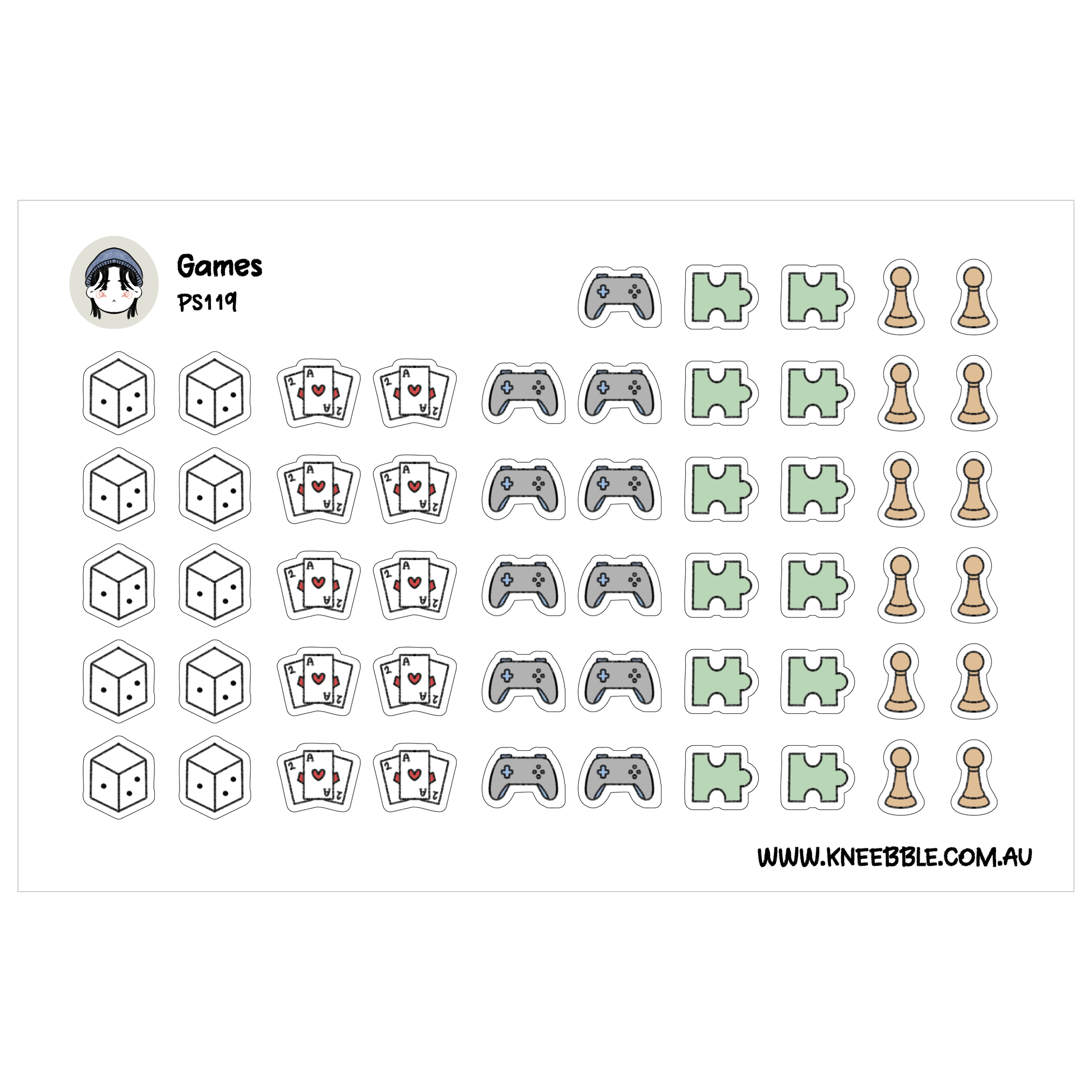 a collection of various game-related icons and symbols, including dice, playing cards, and game pieces, arranged in rows and columns.