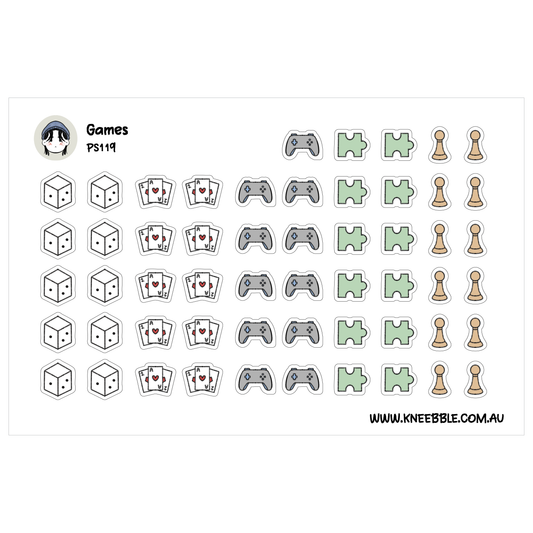 a collection of various game-related icons and symbols, including dice, playing cards, and game pieces, arranged in rows and columns.