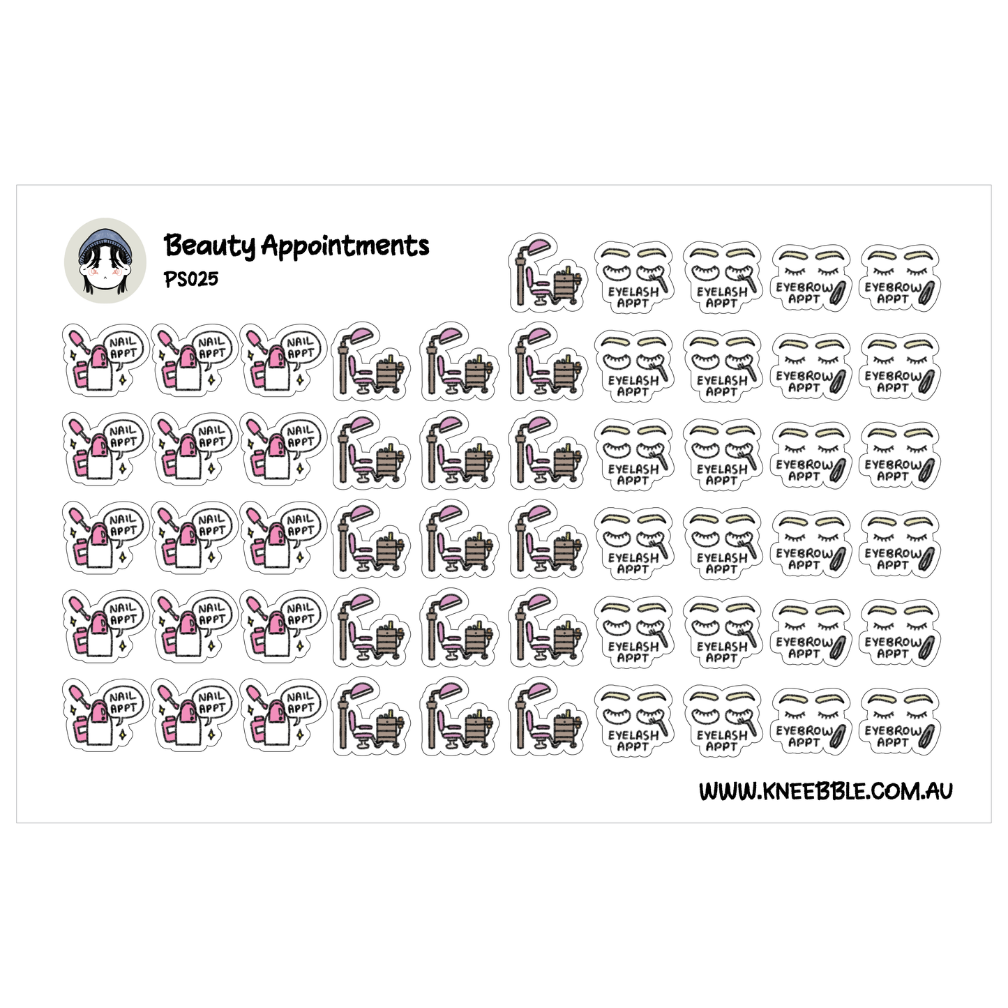 a collection of stickers depicting various beauty appointments, such as makeup application, hair styling, and skincare routines.