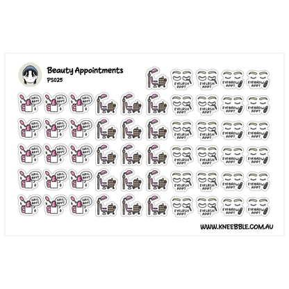 a collection of stickers depicting various beauty appointments, such as makeup application, hair styling, and skincare routines.