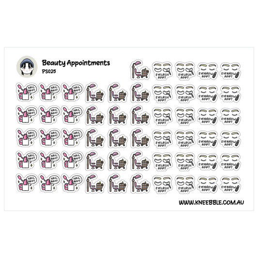 a collection of stickers depicting various beauty appointments, such as makeup application, hair styling, and skincare routines.