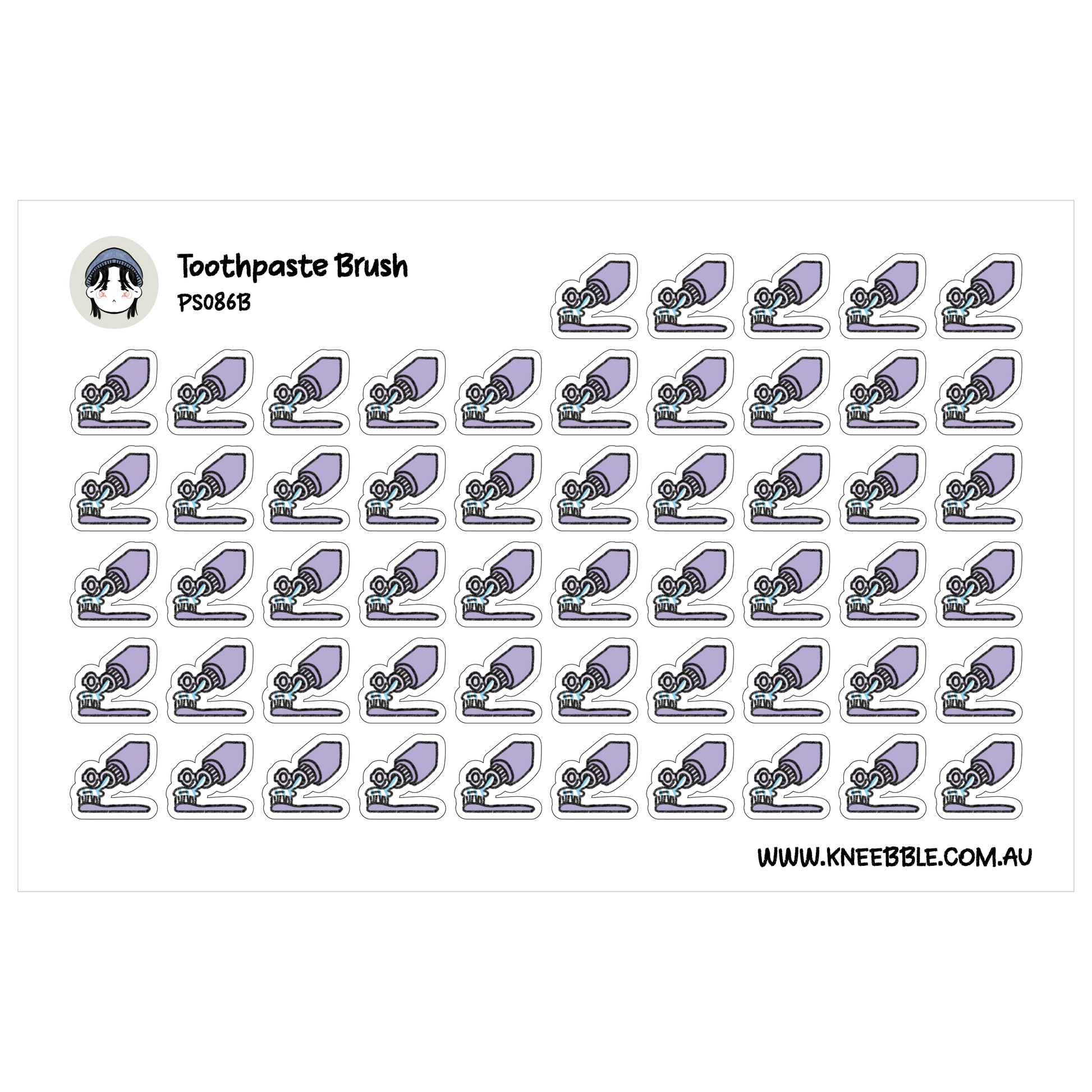 a grid of small, stylized stickers depicting toothpaste and toothbrushes.