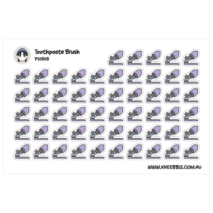 a grid of small, stylized stickers depicting toothpaste and toothbrushes.