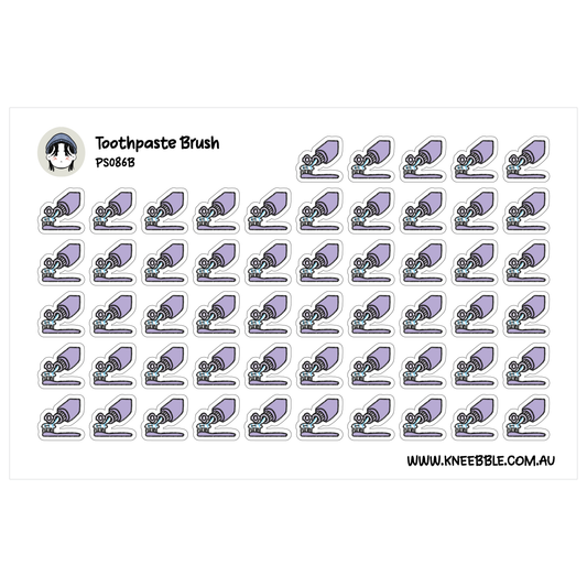 a grid of small, stylized stickers depicting toothpaste and toothbrushes.