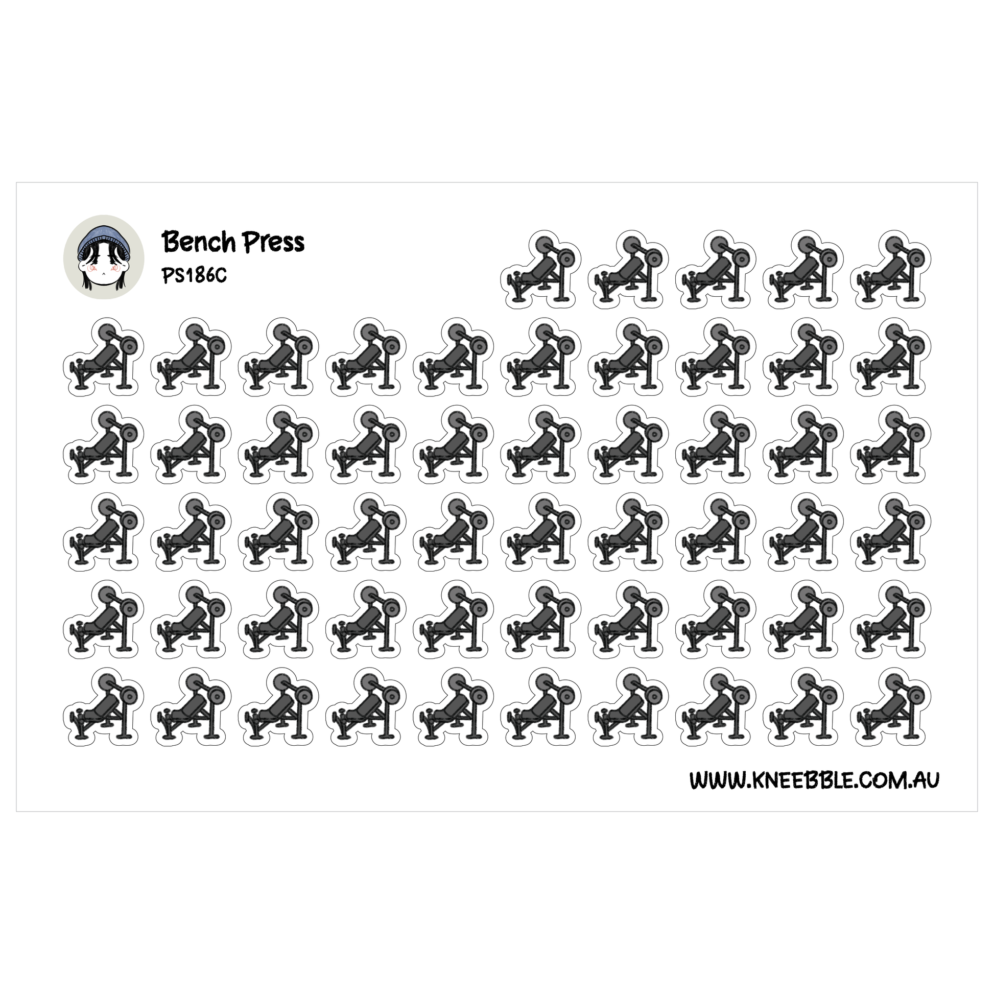 a grid of identical black and white stickers depicting various weightlifting poses.