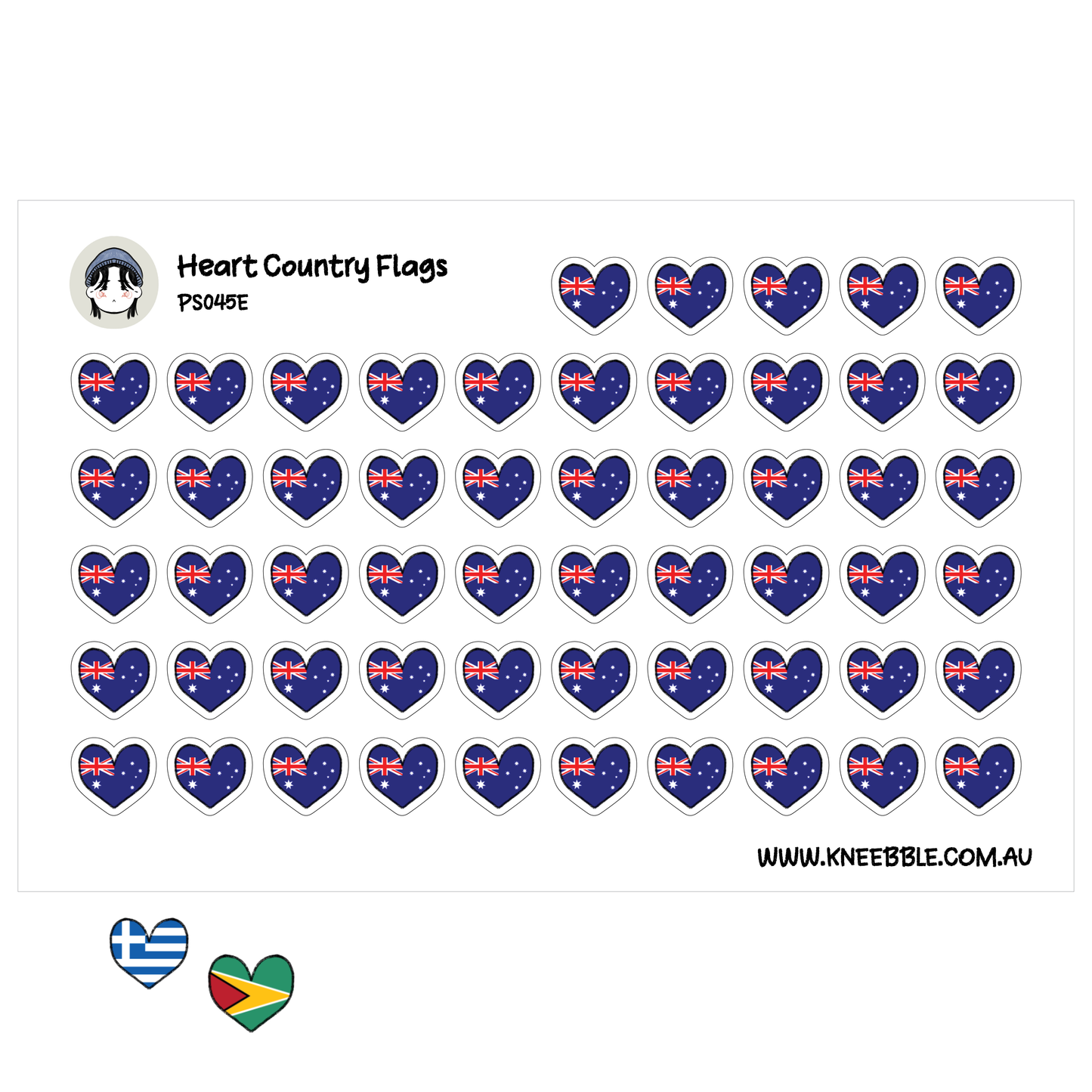 a grid of heart-shaped stickers with the Australian flag design, arranged in rows and columns.