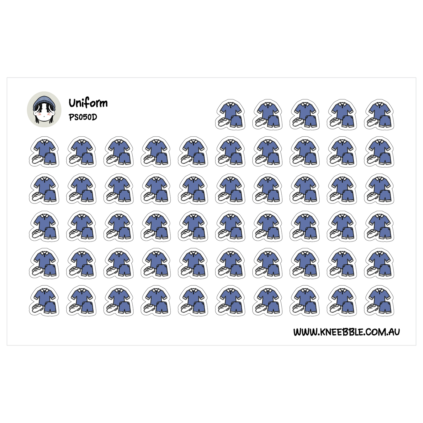 a grid of identical blue stickers, each depicting a pair of blue pants.