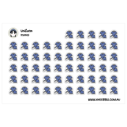 a grid of identical blue stickers, each depicting a pair of blue pants.