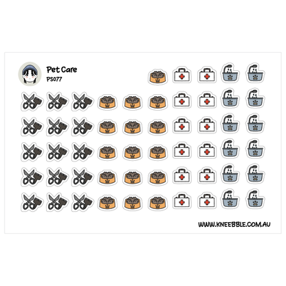 a collection of various pet care-related icons and symbols, including a bowl, a dog, a cat, a stethoscope, scissors, and a medical kit.