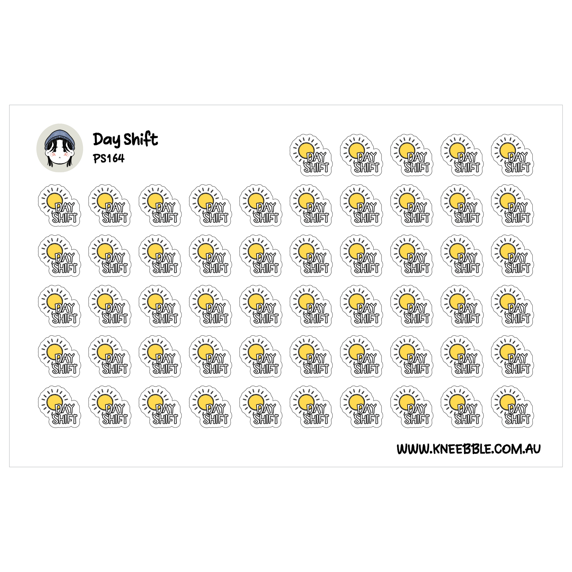 a grid of identical stickers with the phrase "Day Shift" written on them.