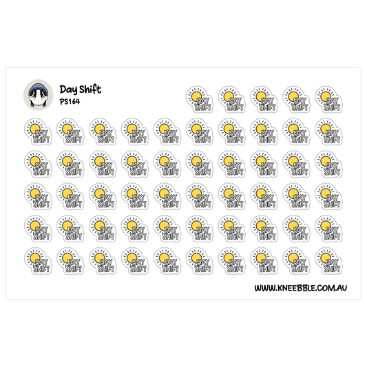 a grid of identical stickers with the phrase "Day Shift" written on them.