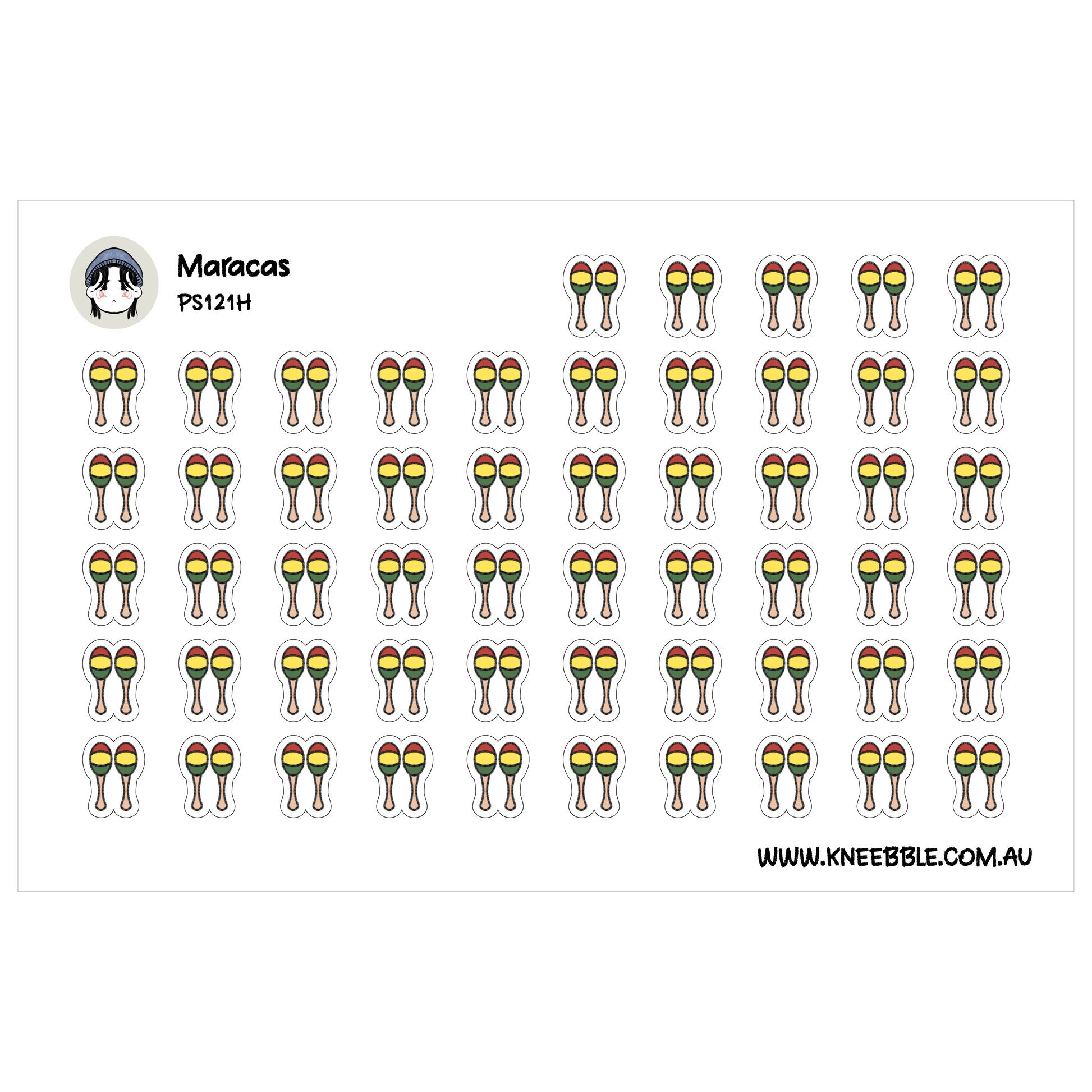 a grid of small, colorful stickers depicting maracas, a type of maraca, arranged in rows and columns.