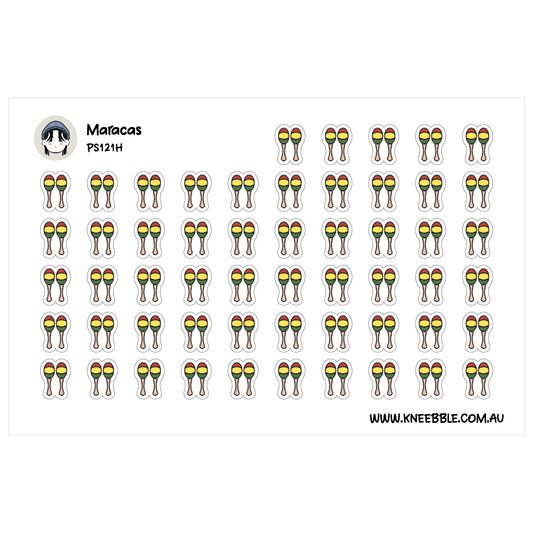 a grid of small, colorful stickers depicting maracas, a type of maraca, arranged in rows and columns.