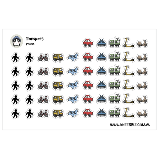 various transportation icons, including people, vehicles, and trains, arranged in a grid-like pattern.