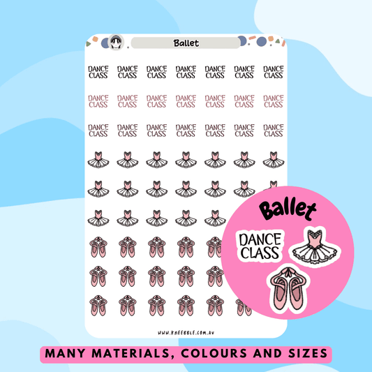 Sheet of ballerina stickers with pastel tutus, pointe shoes, and graceful dancers, ideal for decorating ballet journals and dance-themed planners.