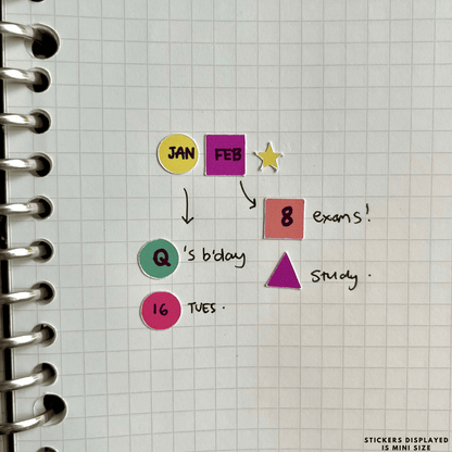 Bright and cheerful basic shape stickers in bold primary colours for calendars and bullet journals.