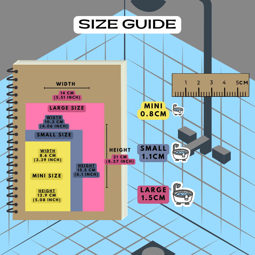 Bath tub towel shower stickers icon size guide reference sheet comparison.