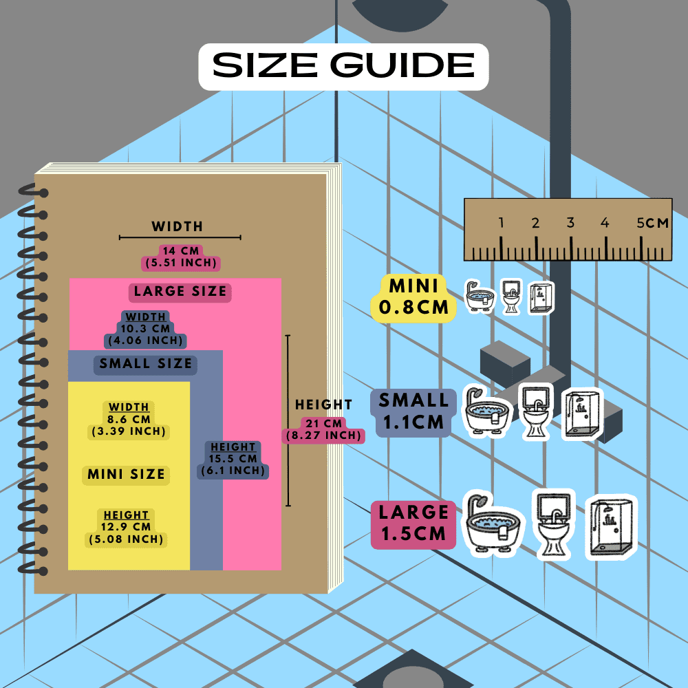 Bathroom household icon stickers size guide comparison reference sheet.