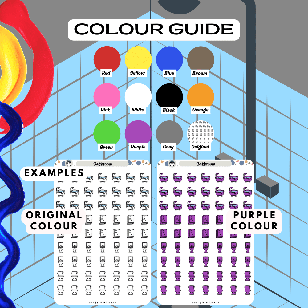 Bathroom household planner sticker sheet colour guide reference, choose from different colours such as purple and red.