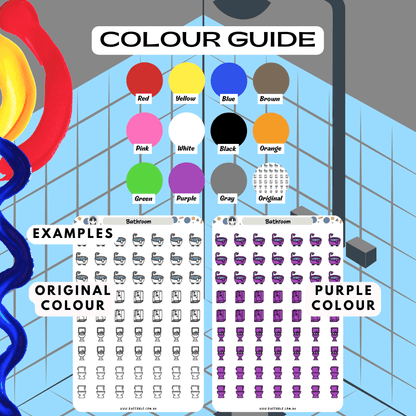 Bathroom household planner sticker sheet colour guide reference, choose from different colours such as purple and red.