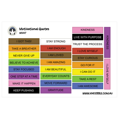 motivational quotes in various colors, arranged in a grid format. The quotes include phrases such as "I GOT THIS!" and "STAY STRONG", along with other positive messages like "KINDNESS", "I LOVE MYELF", and "GO FOR IT". The image is a collage of multiple images, and the text is not repetitive or overly descriptive.