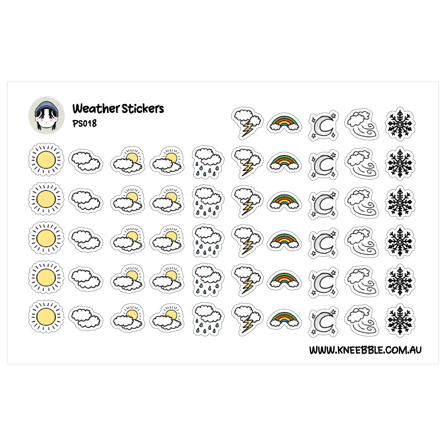 a collection of weather-related stickers, including sun, clouds, rain, snow, and lightning icons.