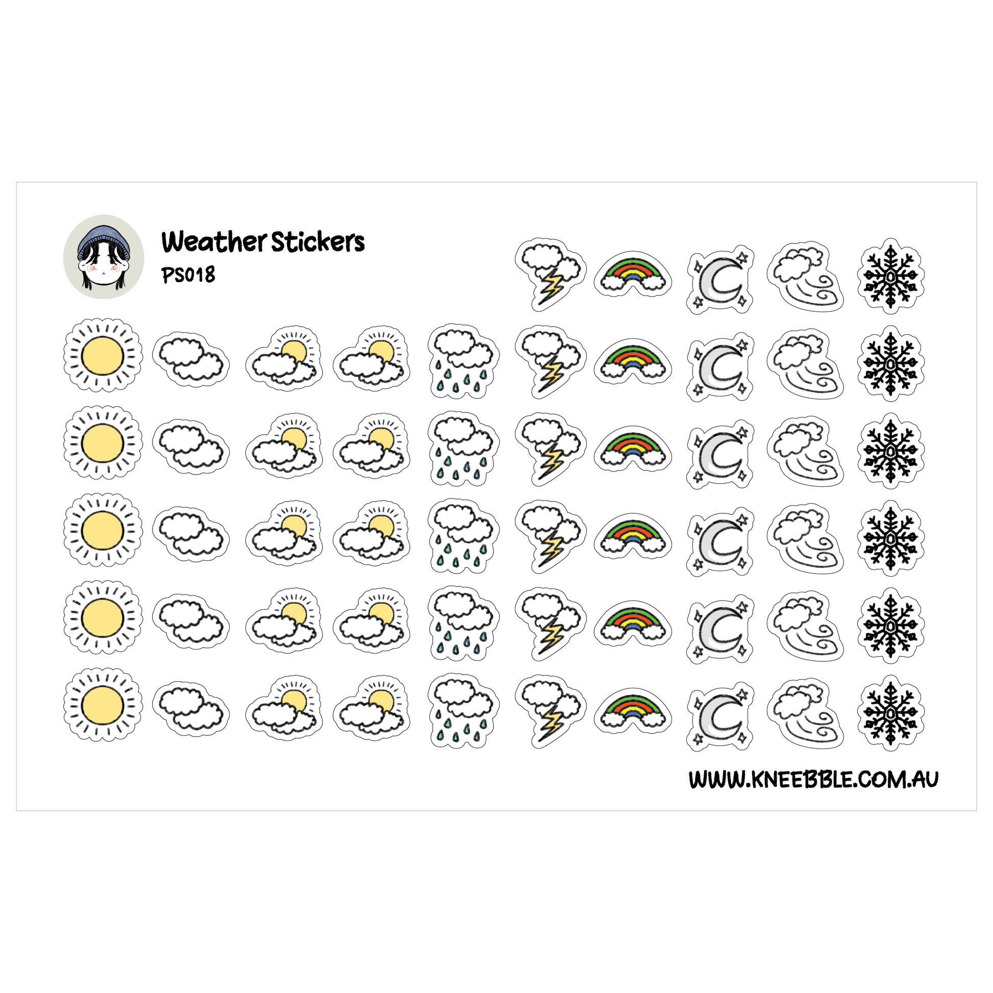 a collection of weather-related stickers, including sun, clouds, rain, snow, and lightning icons.
