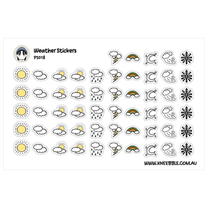 a collection of weather-related stickers, including sun, clouds, rain, snow, and lightning icons.