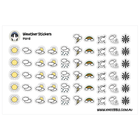 a collection of weather-related stickers, including sun, clouds, rain, snow, and lightning icons.