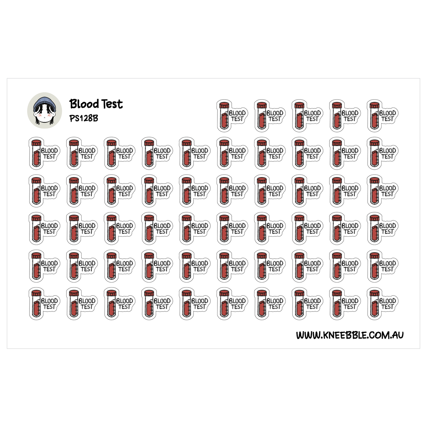 a grid of red and white stickers with the text "Blood Test" printed on them.