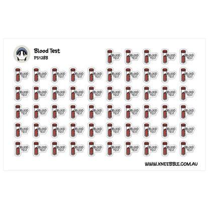 a grid of red and white stickers with the text "Blood Test" printed on them.